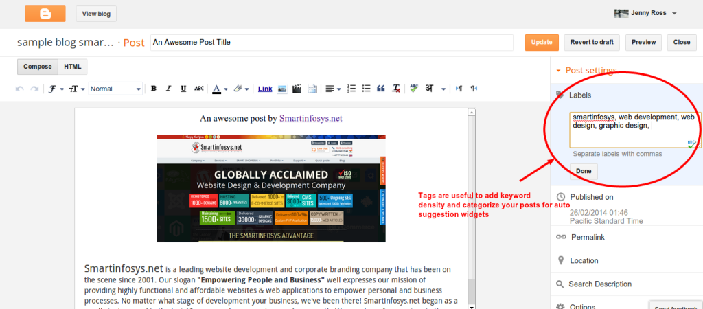 Adding tags into blogger blog posts: screenshot