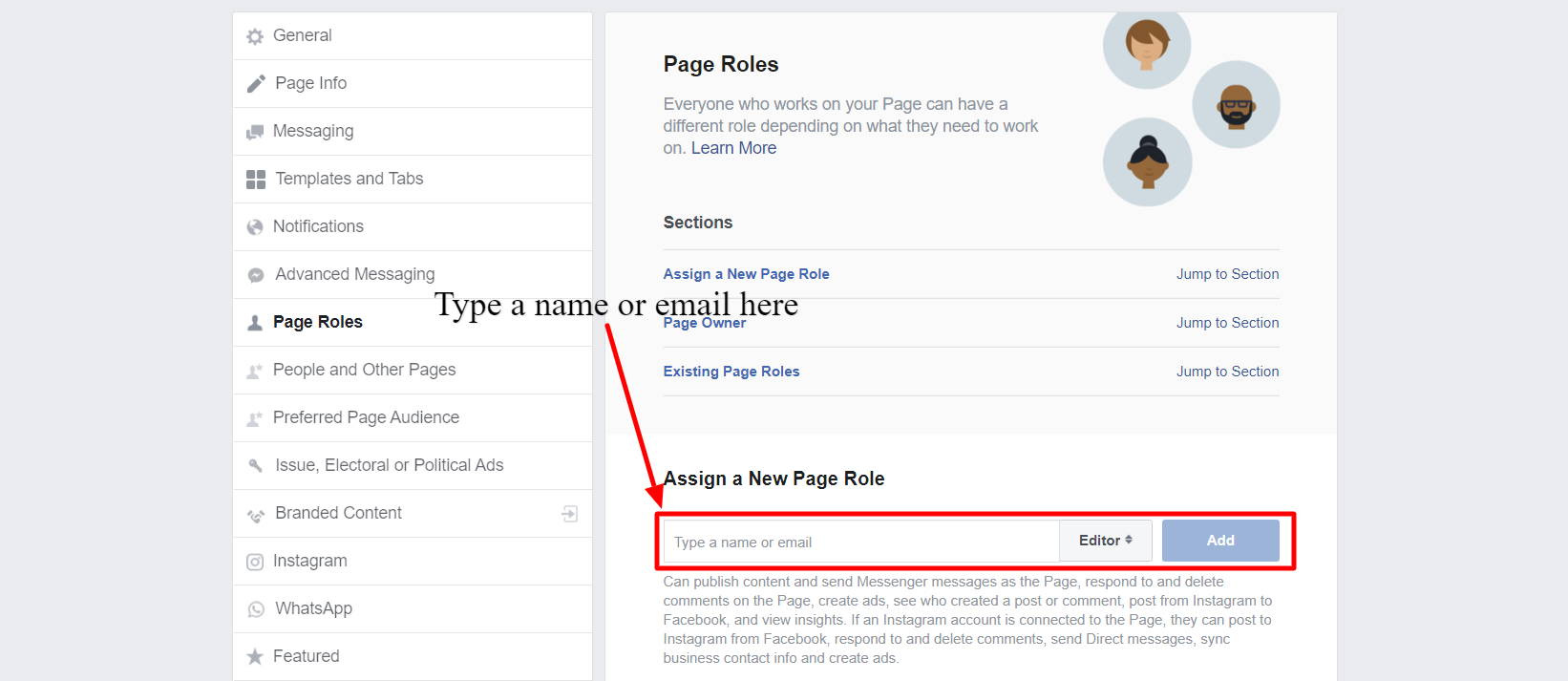 Type a name or email - How To Provide Facebook Page Admin Rights?