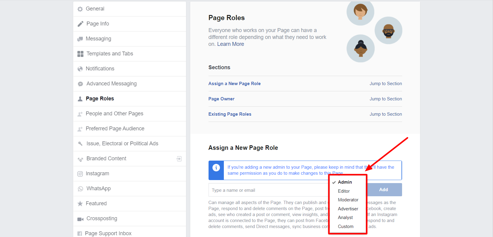 Drop Down List - How To Provide Facebook Page Admin Rights?